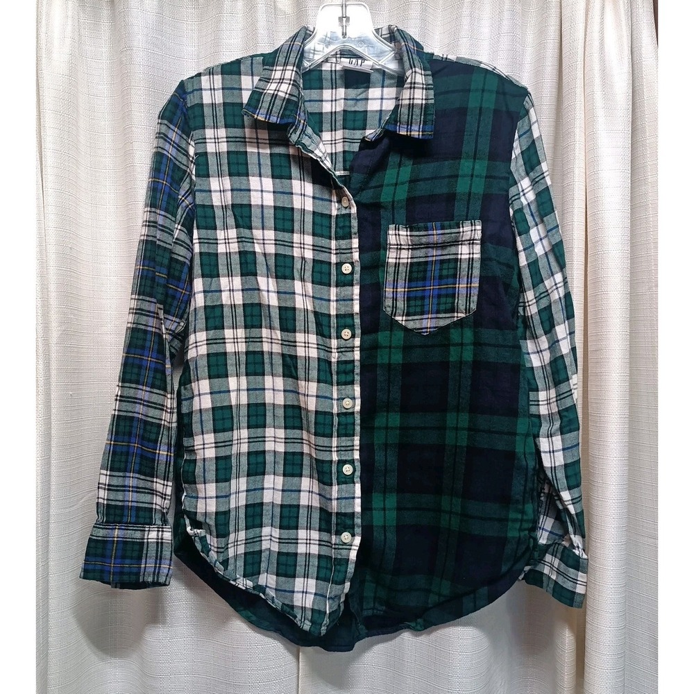 Gap The Easy Shirt Women's Size XS Green Blue Plaid Block Button Up Shirt